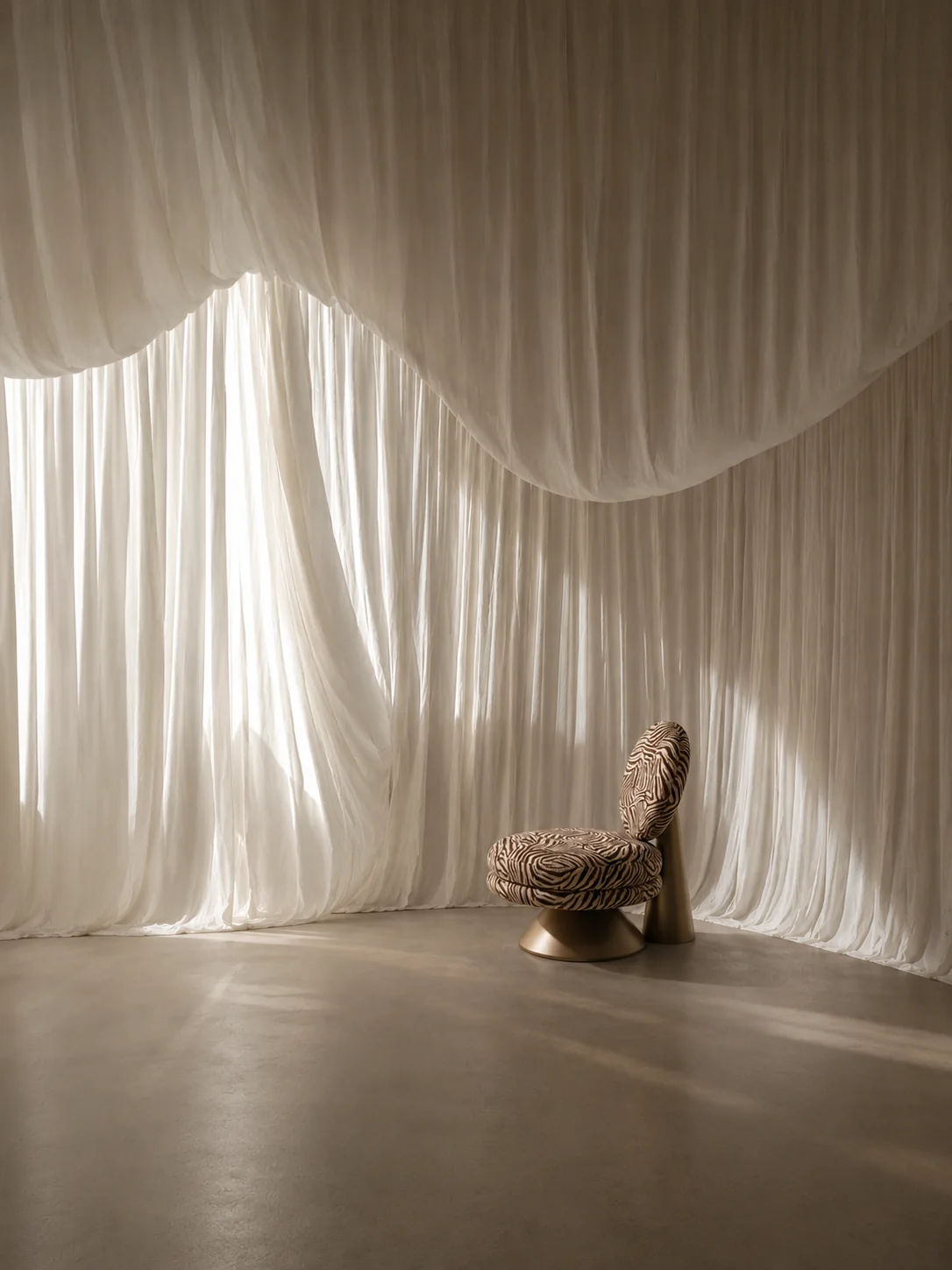 Poltrona Par isolada diante de cortinas claras.